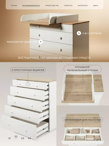 Комод Rant Levi 80 см 5 ящиков с органайзером 