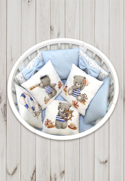 Комплект в кроватку Пухлики 18 предметов с балдахином  (Мишка морячок - голубой)