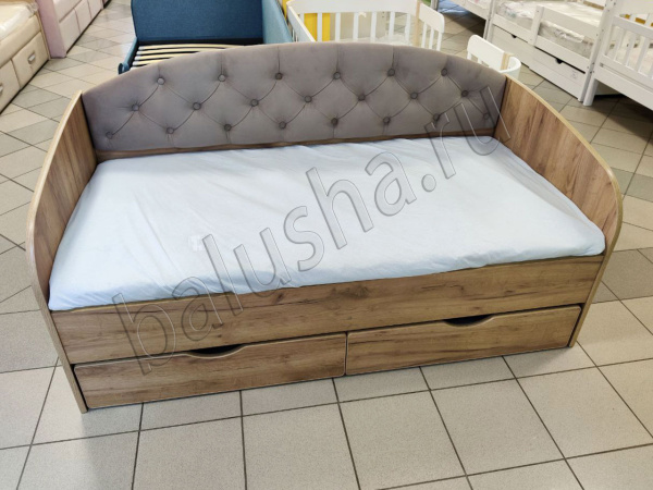 Кровать с мягкой спинкой Софа №9 160х80см ЛДСП (Анкор светлый+ткань №7 коричневая )