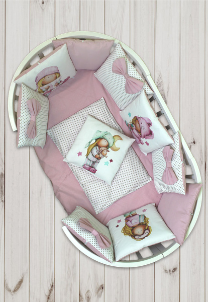 Комплект в кроватку Пухлики 18 предметов с балдахином  (Кукла Миланья - розовый)