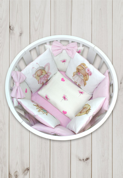 Комплект в кроватку Пухлики 17 предметов, без балдахина (Кукла Миланья - розовый)
