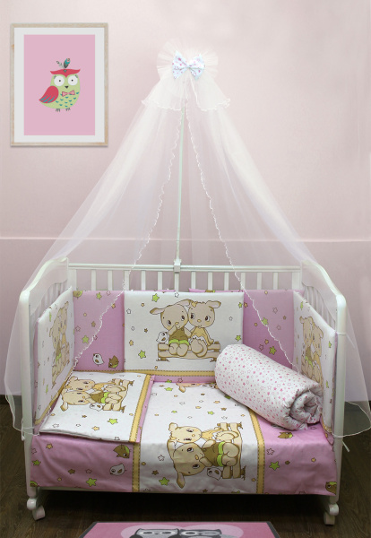 Комплект в кроватку Завалинка 7 предметов с балдахином (Розовый)