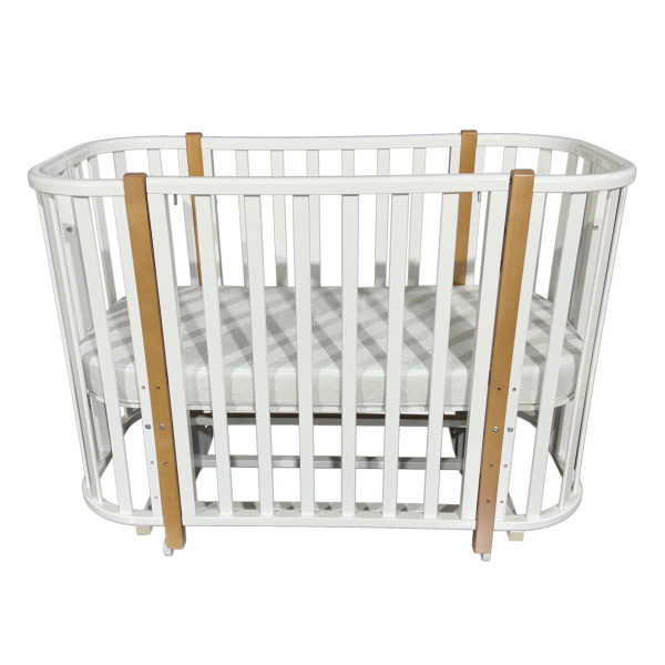 Кроватка овальная Esenia 2  поперечный маятник, колесо (Белый/вставки бук)