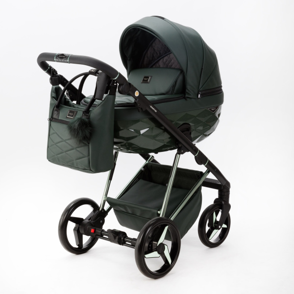 Коляска детская Adamex Quantum Superstar Deluxe 3в1 (Q-STAR140-K Т.ЗЕЛЕН.КОЖА+Т.ЗЕЛЕН.ДНО+ХРОМ.РАМА)