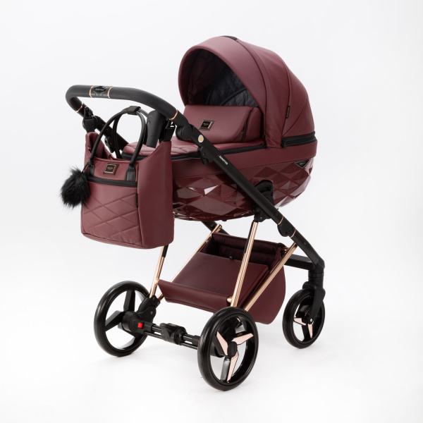 Коляска детская Adamex Quantum Superstar Deluxe 3в1 (Q-STAR141-K БОРДОВ.КОЖА+БОРДОВ.ДНО+РОЗОВ.ЗОЛОТО.РА)