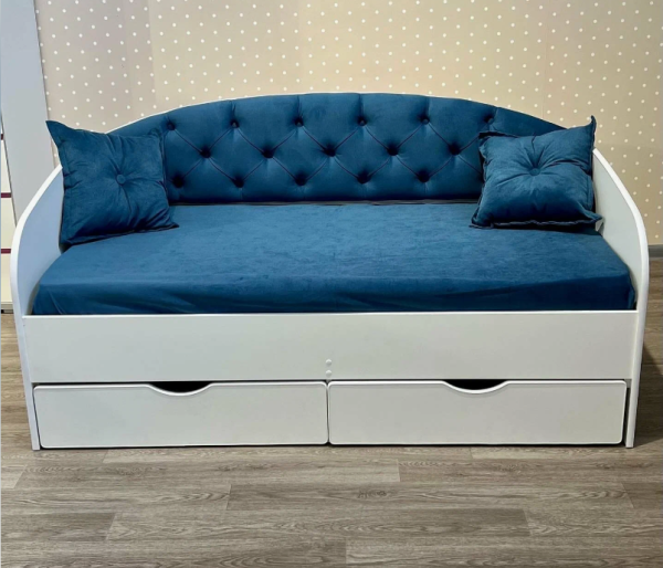 Кровать с мягкой спинкой Софа №9 160х80см ЛДСП (Белый+ткань  №17 синия)