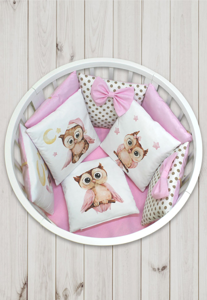 Комплект в кроватку Пухлики 18 предметов с балдахином  (Совушка - розовый)