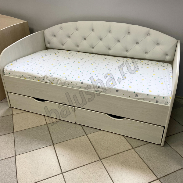 Кровать с мягкой спинкой Софа №9 160х80см ЛДСП (Анкор светлый+ткань белая №1)