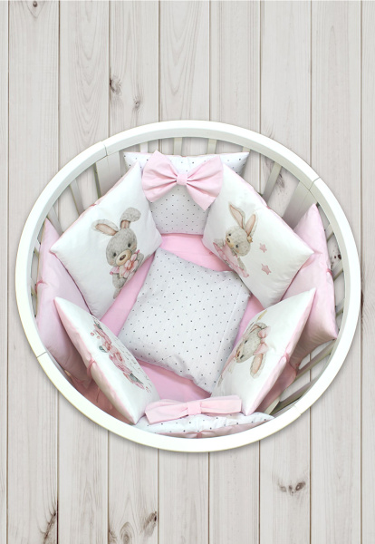 Комплект в кроватку Пухлики 17 предметов, без балдахина (Зайка модница - розовый)