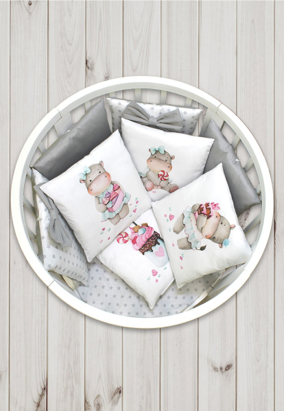 Комплект в кроватку Пухлики 17 предметов, без балдахина (Веселый бегемотик - серый)