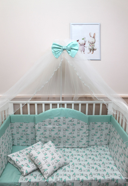 Комплект в кроватку Лапки 8предметов с балдахином поплин (Зайка - салатовый)