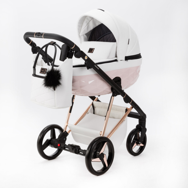 Коляска детская Adamex Quantum Superstar Deluxe 3в1 (Q-STAR137-K БЕЛ.КОЖА+РОЗОВ.ДНО+РОЗОВ.ЗОЛОТО РАМА)