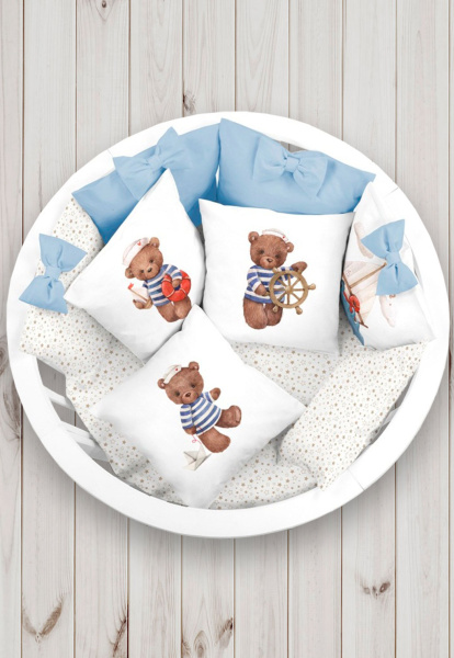 Комплект в кроватку Пухлики 17 предметов, без балдахина, с принтом (Мишка юнга - голубой)