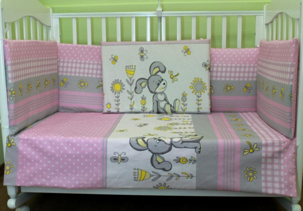 Комплект в кроватку Качели без балдахина съемные чехлы (Заяц розовый)