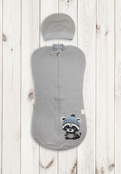 Комплект детский Балуша Енот Сеня-Гоша - пелёнка на замочке и шапочка (Рост 56-62: Серый)