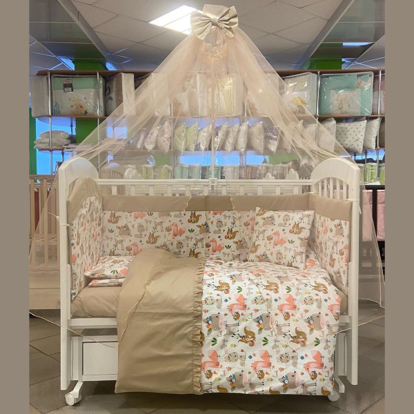 Комплект в кроватку Лапки 8предметов с балдахином поплин (Лесные звери - капучино)