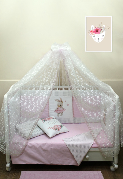 Комплект в кроватку Лапусяки-классика 8предметов сатин+бязь (Кролик Милашка - розовый)