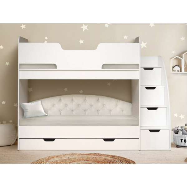 Кровать двухъярусная с мягкой спинкой Юниор-13 190х80см ЛДСП (Каркас белый/белый,  Велюр 001)