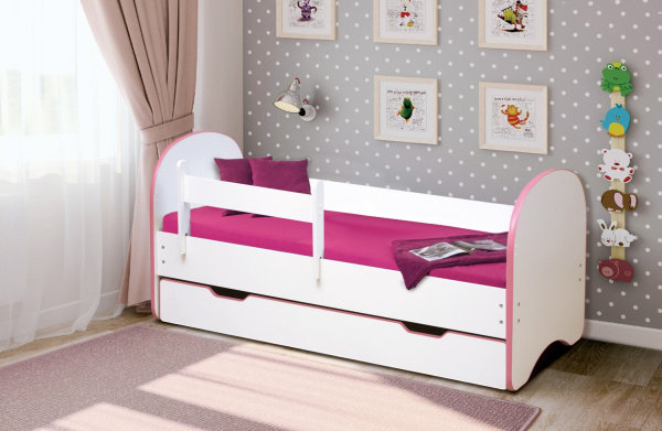 Кровать подростковая Радуга 190х80см 2 ящика (Белый (кант розовый))